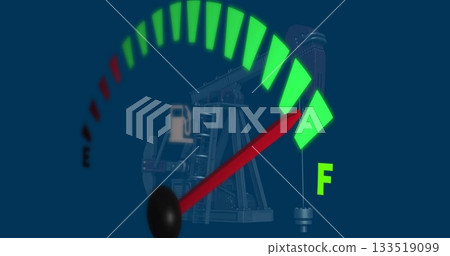 Fuel gauge needle pointing to full F mark in graphic background, with oil pumpjack silhouette 133519099
