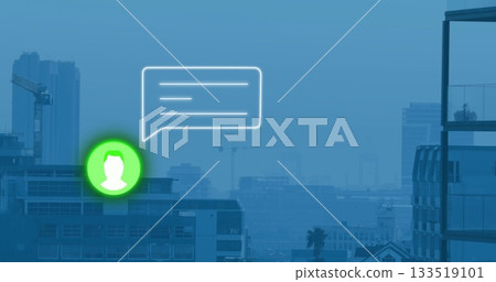 Floating interface elements hovering above office rooftop, with cranes, user icon and chat bubble Floating interface elements hovering above office rooftop, with cranes, user icon and chat bubble 133519101