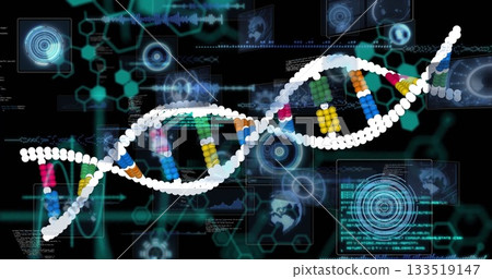 Showing stylized DNA helix in biotech HUD featuring white spheres colored blocks and hex patterns Showing stylized DNA helix in biotech HUD featuring white spheres colored blocks and hex patterns 133519147
