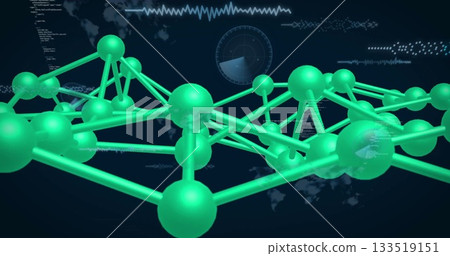 Floating network of neon green spheres connecting by rods in dark blue interface, world map overlay Floating network of neon green spheres connecting by rods in dark blue interface, world map overlay 133519151