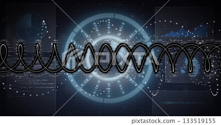 Displaying dotted sine-wave across virtual interface grid, with circular HUD, code panels and map Displaying dotted sine-wave across virtual interface grid, with circular HUD, code panels and map 133519155