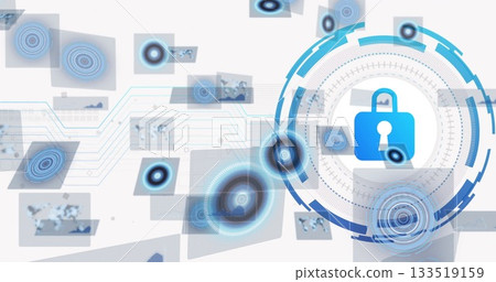 Rotating blue padlock icon circulating within cybersecurity interface, with data panels, copy space 133519159