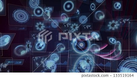 Manipulating holographic panels with hand in virtual interface, displaying world map projections 133519164