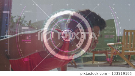 Performing pushups man wearing red shirt powering on tiled patio, wooden chairs, HUD overlay 133519195