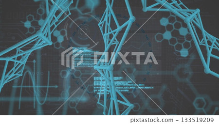 Visualizing light-blue 3D lattice twisting through interface, with hex grids, gauges, code blocks Visualizing light-blue 3D lattice twisting through interface, with hex grids, gauges, code blocks 133519209