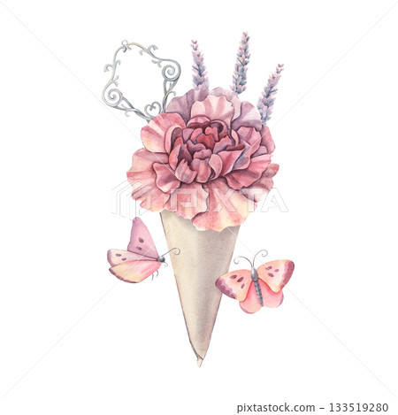 Carnation flower, lavender, metal key, butterflies. Hand-painted watercolor illustration isolated on white for floral design, printing on textile, wedding invitation, packaging, branding, card, poster Carnation flower, lavender, metal key, butterflies. Hand-painted watercolor illustration isolated on white for floral design, printing on textile, wedding invitation, packaging, branding, card, poster 133519280