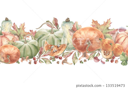 Botanical Pumpkin watercolor seamless border isolated. Pumpkins, crab apples and maple leaves banner neutral fall palette. Hand drawn repeat for farm packaging labels and autumn home decor accents. 133519473