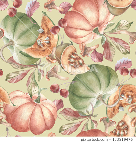 Vintage Autumn Magic Pattern. Watercolor seamless pattern with assorted pumpkins and leaves in neutral tones isolated white. Hand painted endless design for packaging and cozy fall textiles. 133519476