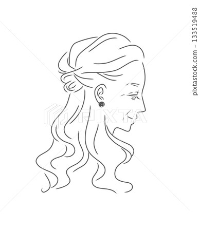 Line drawing of a profile of a beautiful senior woman with long hair Line drawing of a profile of a beautiful senior woman with long hair 133519488