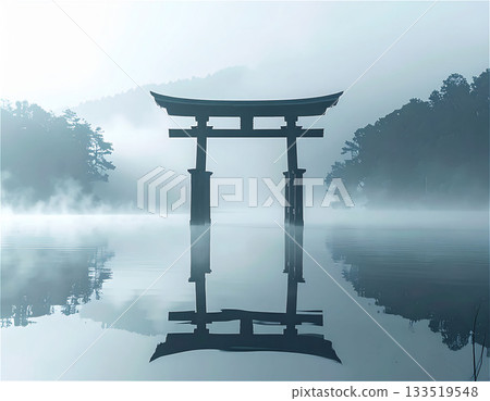 霧氣瀰漫的湖面上,鳥居的輪廓清晰可見 1 霧氣瀰漫的湖面上,鳥居的輪廓清晰可見 1 133519548