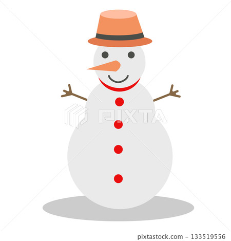 Object isolated on white background with shadow of snowman. A snowman with a hat and branch arms. Smiling face for Christmas. Object isolated on white background with shadow of snowman. A snowman with a hat and branch arms. Smiling face for Christmas. 133519556