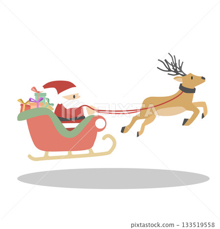 Object isolated on white background with shadow of Santa Claus sits on a sleigh with reindeer. Cute little Santa with a sleigh full of gifts. Perfect for Christmas decorations. 133519558