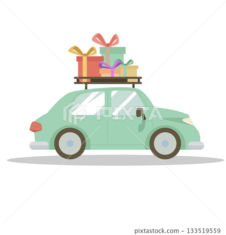 Object isolated on white background with shadow of sedan car with gifts on the rack. Car soft green color cartoon. Style for Christmas. Object isolated on white background with shadow of sedan car with gifts on the rack. Car soft green color cartoon. Style for Christmas. 133519559