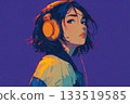 Young girl in big wired headphones on a purple background. This is a dynamic, cyberpunk-inspired anime portrait 133519585