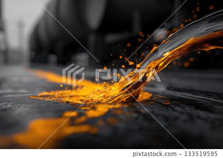 A glistening stream of diesel fuel, amber and translucent, erupts from the overflowing tank of a large truck, splashing onto the dirty, oil-stained asphalt below. A glistening stream of diesel fuel, amber and translucent, erupts from the overflowing tank of a large truck, splashing onto the dirty, oil-stained asphalt below. 133519595