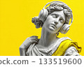 contemporary studio photograph featuring a classical white marble female bust with a modern headphones. 133519600