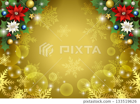 Christmas background, snowflakes on the bottom, gold, poinsettia, holly on the top, cute, illustration, horizontal 133519626