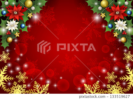 Christmas background, snowflakes on the bottom, red, poinsettia, holly on the top, cute, illustration, horizontal 133519627
