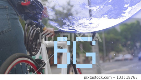 Displaying digital globe 5G text, woman in denim jacket holding bicycle on urban street, copy space 133519765