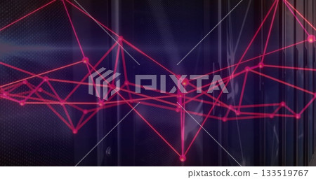 Displaying red network graph overlaying data center panels, with glowing nodes and linking lines Displaying red network graph overlaying data center panels, with glowing nodes and linking lines 133519767
