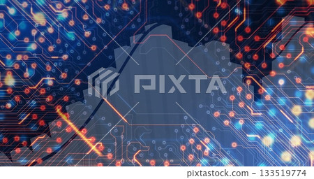 Displaying stylized cloud silhouette floating in virtual network, with circuit traces and nodes 133519774