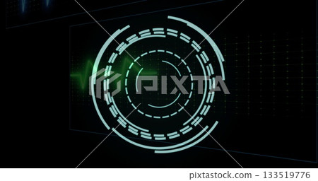 Showing interface with concentric segmented rings at control hub, with green wave over grid points Showing interface with concentric segmented rings at control hub, with green wave over grid points 133519776