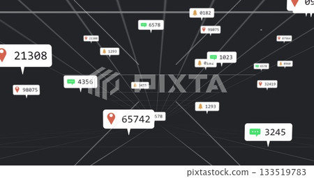 Displaying central bubble floating over dark gray 3D grid, with red pin icon and numeric labels Displaying central bubble floating over dark gray 3D grid, with red pin icon and numeric labels 133519783