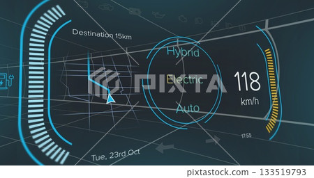 Displaying futuristic head-up display in cabin showing navigation route arrow, distance, mode dial Displaying futuristic head-up display in cabin showing navigation route arrow, distance, mode dial 133519793
