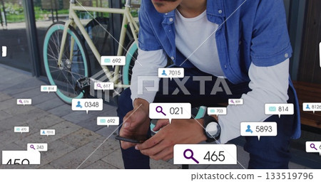 Man checking smartphone and wristwatch sitting on bench at glass doors, with bicycle floating icons Man checking smartphone and wristwatch sitting on bench at glass doors, with bicycle floating icons 133519796