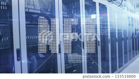 Lining server racks displaying network cables and blinking LEDs in server room aisle, HFT overlay Lining server racks displaying network cables and blinking LEDs in server room aisle, HFT overlay 133519800