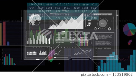 Displaying digital dashboard overlay on monitor screen, with globe icon, line graphs and bar charts 133519802