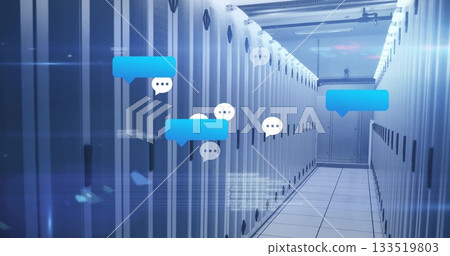 Floating speech bubble icons moving in data center corridor, with server cabinets and cable trays Floating speech bubble icons moving in data center corridor, with server cabinets and cable trays 133519803
