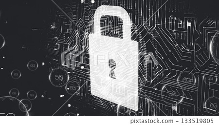 Glowing padlock icon floating above circuit board, showing 5G spheres highlighting network security 133519805