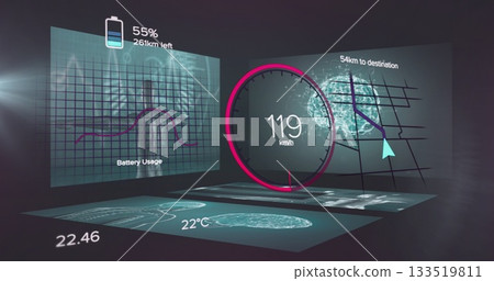 Showing speedometer 119 km or h on dashboard featuring battery icon  and  brain scan temp or time di 133519811
