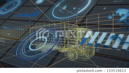Floating yellow wireframe forklift hovering in digital grid, with HUD data panels and map graphic 133519813