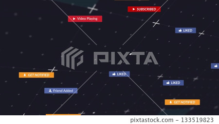 Floating notification labels drifting across dark network grid, with SUBSCRIBED and LIKED alerts 133519823