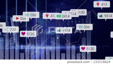 Showing data over night skyline with bar charts, candlestick, line graph and floating numeric icons 133519824