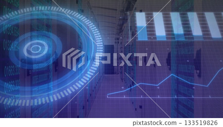 Technicians wearing business attire inspecting server racks in data center, with holographic charts 133519826