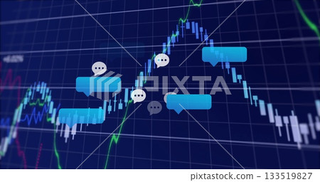 Displaying cyan speech bubbles with ellipsis in trading grid showing candlesticks, neon line graphs 133519827