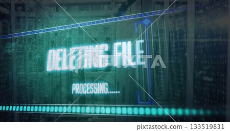 Floating holographic panel showing deleting file progress and processing in data center with racks Floating holographic panel showing deleting file progress and processing in data center with racks 133519831