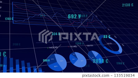 Displaying financial charts on 3D grid plane in virtual dashboard, with currency labels 133519834