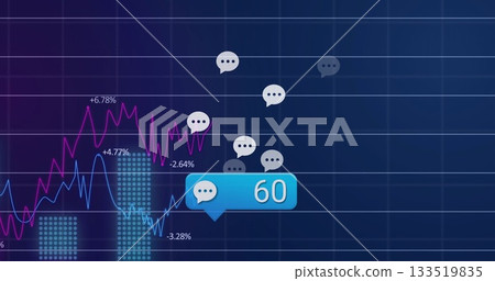 Displaying magenta and cyan lines fluctuating on digital dashboard grid, with blue chat bubble 60 Displaying magenta and cyan lines fluctuating on digital dashboard grid, with blue chat bubble 60 133519835