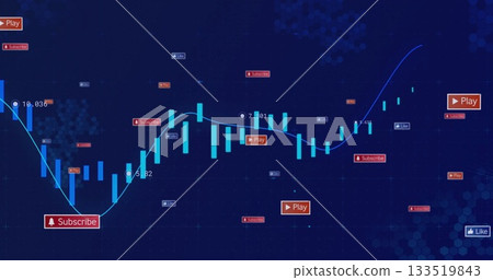 Displaying candlestick bars with trend line and labels on dashboard, with Subscribe Play Like icons 133519843