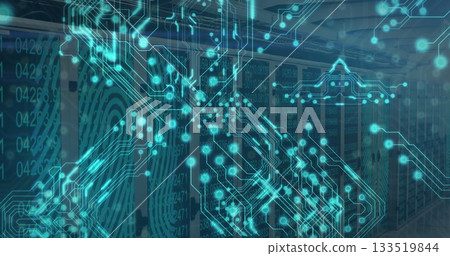 Operating row of server racks processing data in server room, with blinking LEDs, digital overlay 133519844