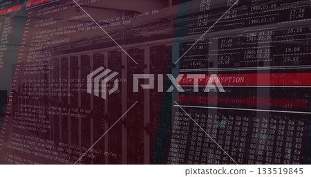 Running FileENCRYPTION banner over server racks with code overlay, hex dump, waveform, copy space Running FileENCRYPTION banner over server racks with code overlay, hex dump, waveform, copy space 133519845