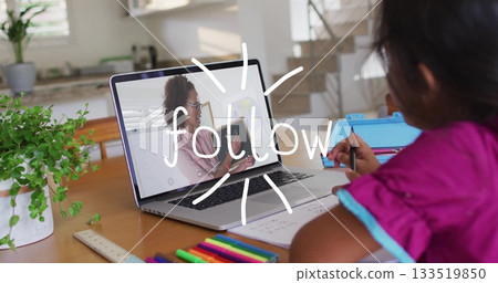 Student writing at kitchen table, using laptop showing teacher holding book, stationery, plant Student writing at kitchen table, using laptop showing teacher holding book, stationery, plant 133519850