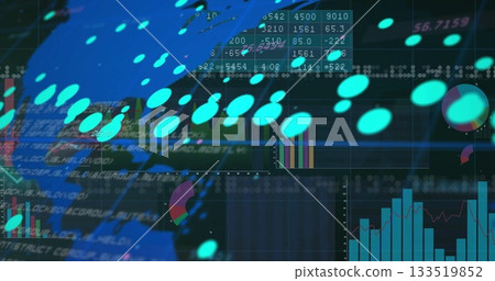 Displaying turquoise data points over dark interface, showing code, tables, charts, world map Displaying turquoise data points over dark interface, showing code, tables, charts, world map 133519852