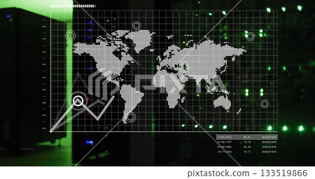 Displaying world map overlay showing markers in data center, with line chart and LED-lit cabinets Displaying world map overlay showing markers in data center, with line chart and LED-lit cabinets 133519866