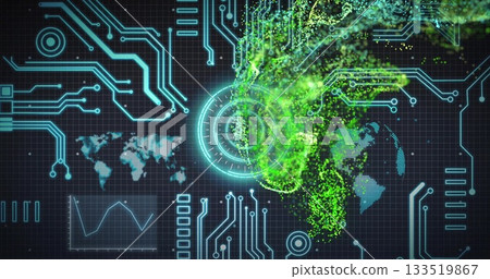 Swirling neon green vortex overlaying circuitry on digital interface, with HUD target, copy space 133519867