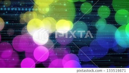 Glowing cluster of overlapping colored circles pulsating in digital interface, with data streams 133519871
